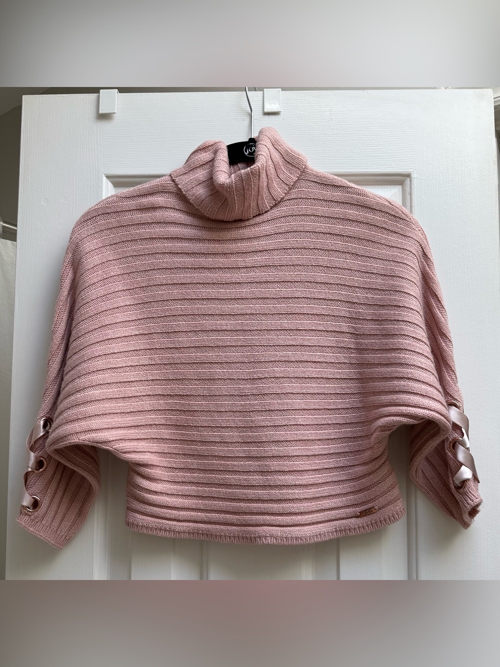 Justice Blush Pink Ribbed Turtleneck Sweater Satin Lace-Up Sleeves Size 14